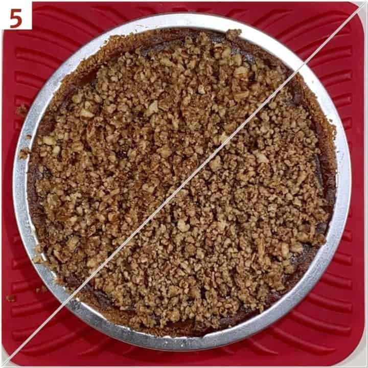 Collage of before & after baking the pie with its praline topping.