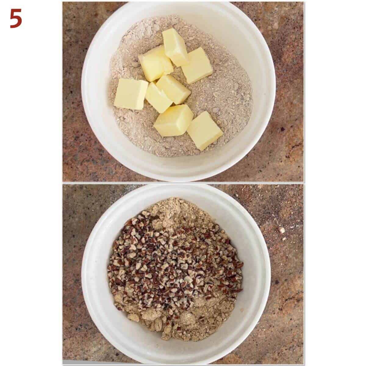 Collage of adding butter and pecans to streusel oat mixture.