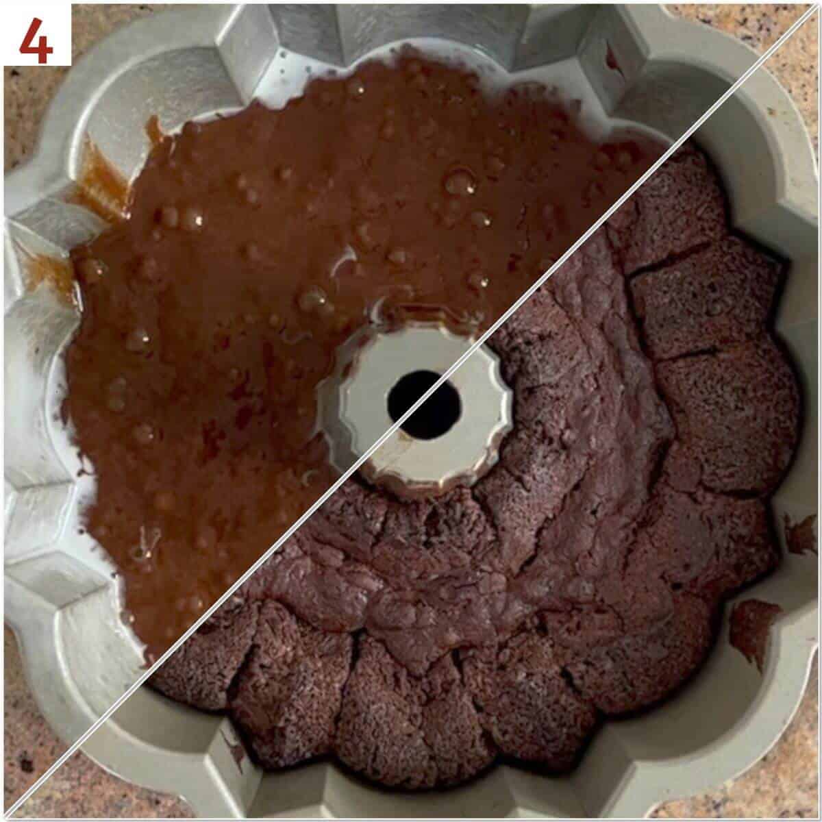 Collage of Kahlua Cake in a bundt pan before & after baking.