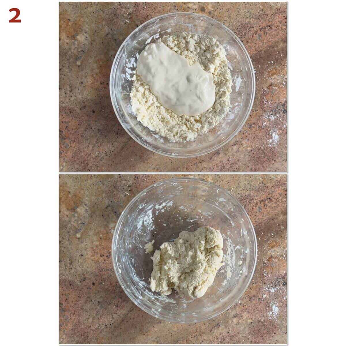 Collage of adding starter discard to flour mixture in a glass bowl from overhead..