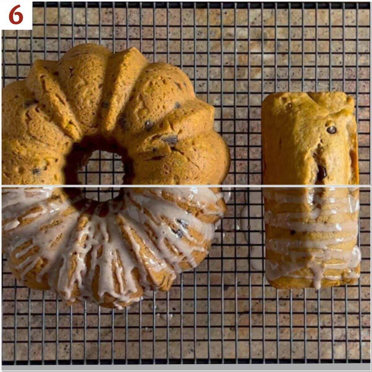 Collage of before & after glazing the small bundt cake and tea bread.