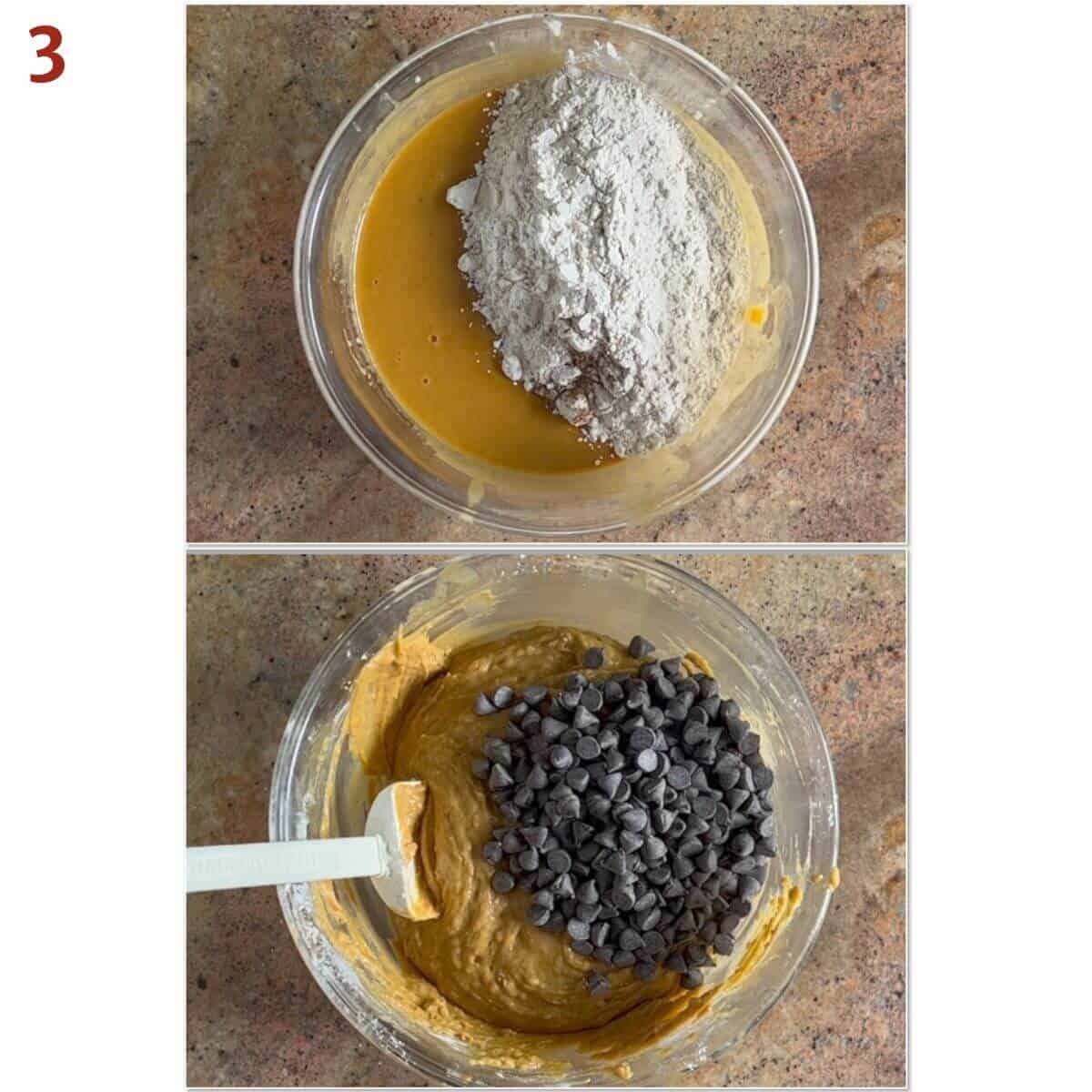 Collage of adding flour mixture and chocolate chips to pumpkin cake batter.