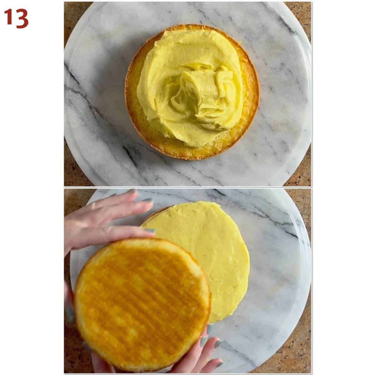 Collage of filling a layer of hot milk cake with pastry cream & adding the second layer.