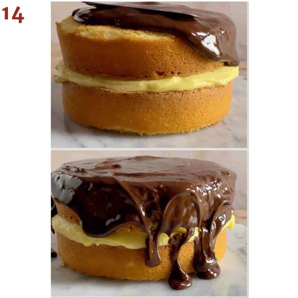 Collage of pouring ganache on top of hot milk cake layered with pastry cream filling.