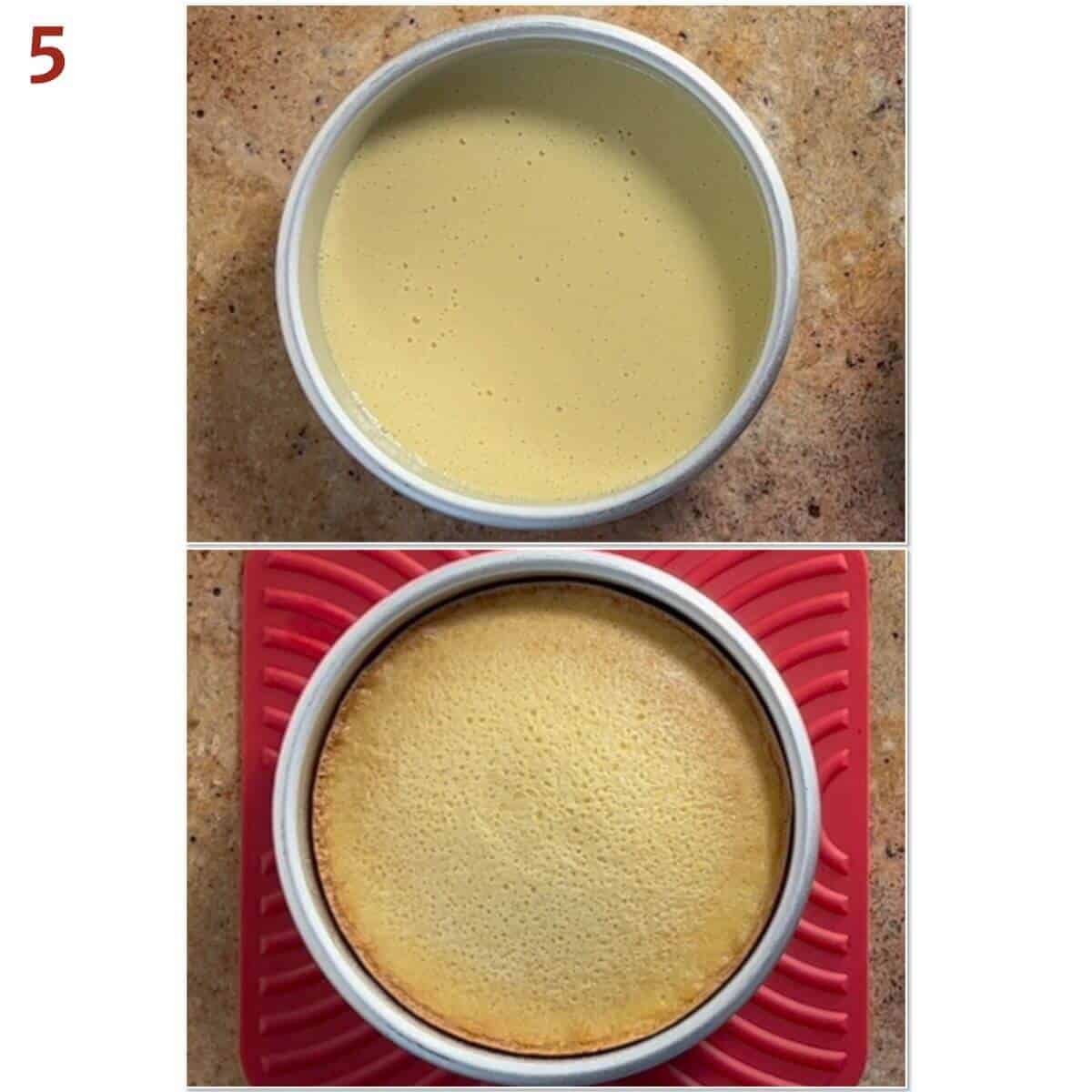 Collage of before & after baking hot milk cake.