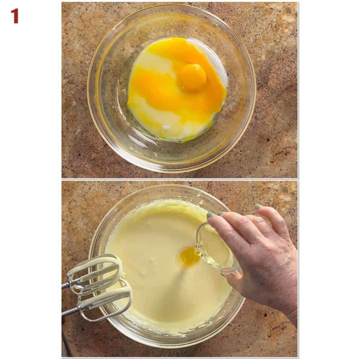 Collage of combining eggs, sugar, and canola oil in a glass bowl.