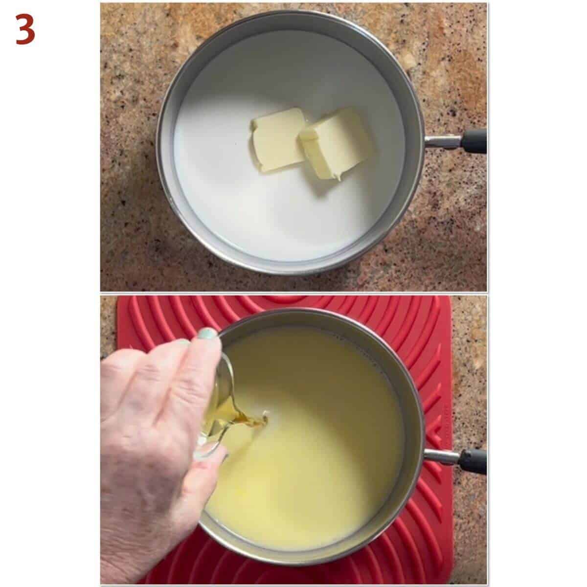 Collage of combining milk, butter, and vanilla in a saucepan.