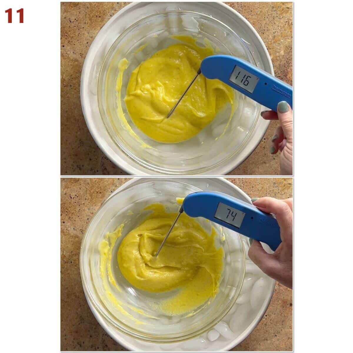 Collage of checking the temperature of cooling pastry cream.