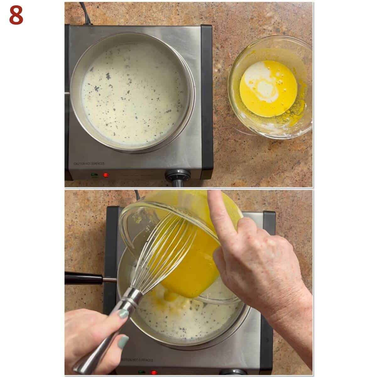 Collage of tempering egg mixture in a glass bowl.