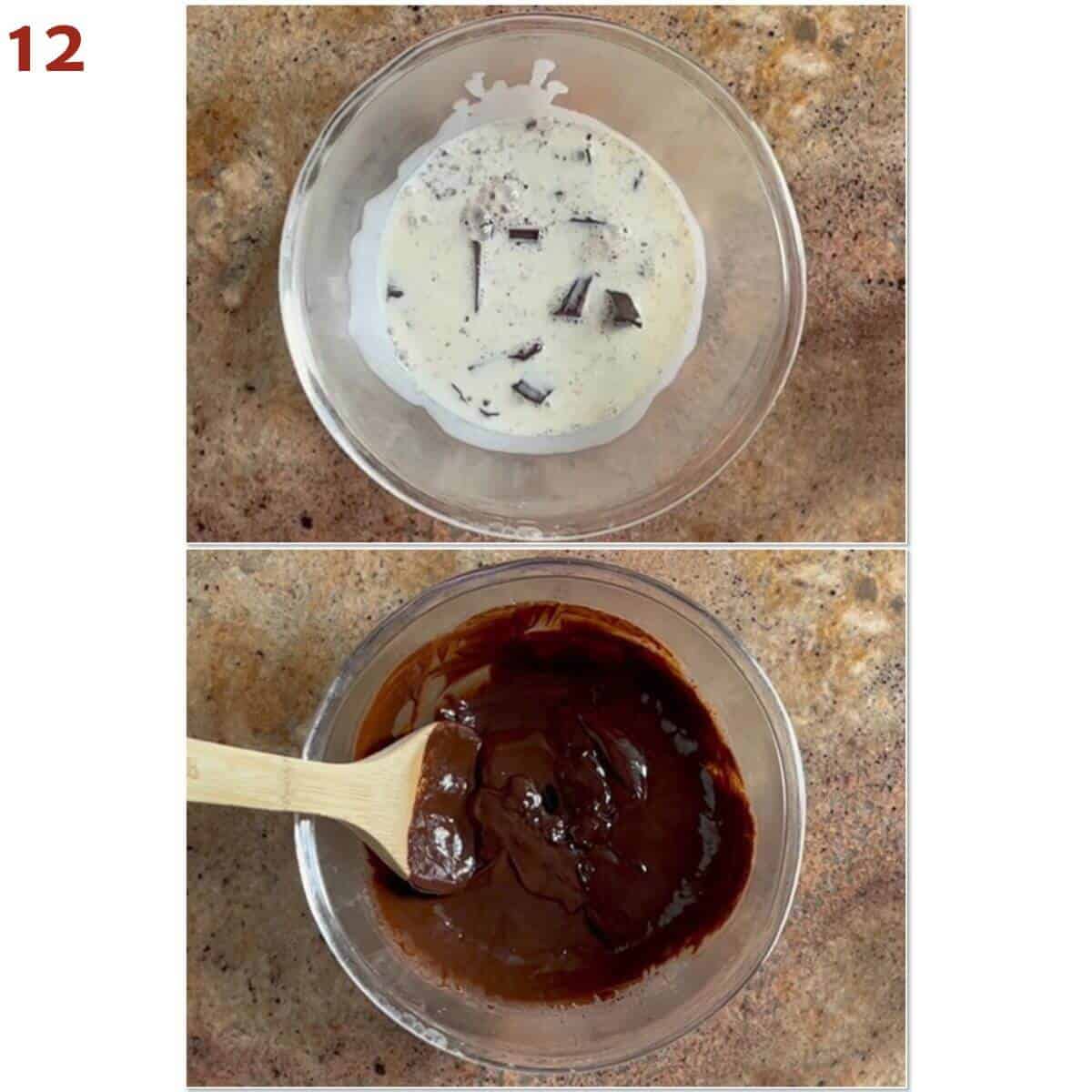 Collage of adding hot heavy cream to chopped chocolate for ganache.