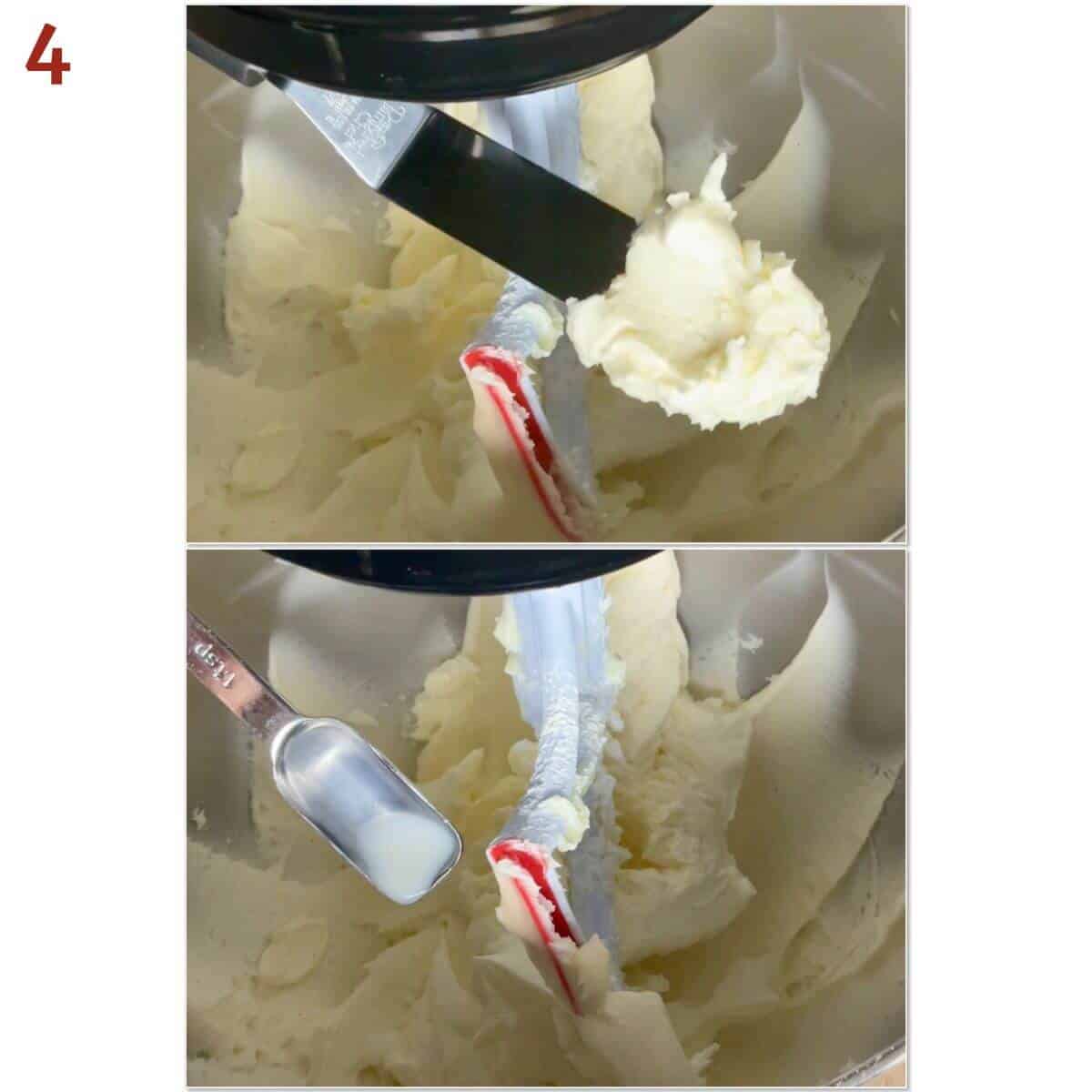 Collage of thick vanilla buttercream shown on an small offset spatula over a stand mixer bowl of frosting, then adding a small amount of milk.
