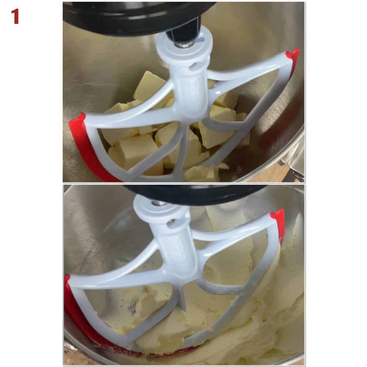 Collage of before and after creaming butter in a stand mixer bowl fitted with a paddle attachment.