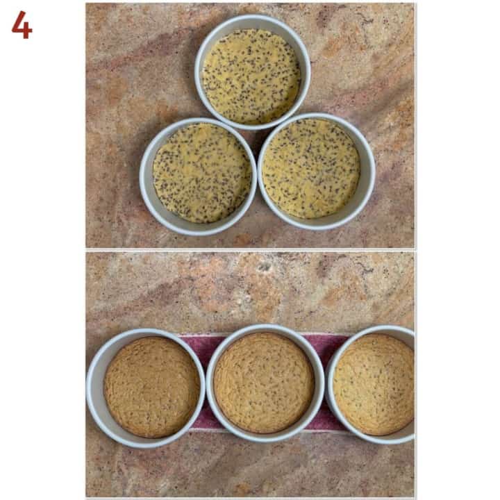 Collage of before and after baking cookie cake layers.