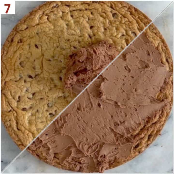 Collage of before and after frosting a cookie cake layer.