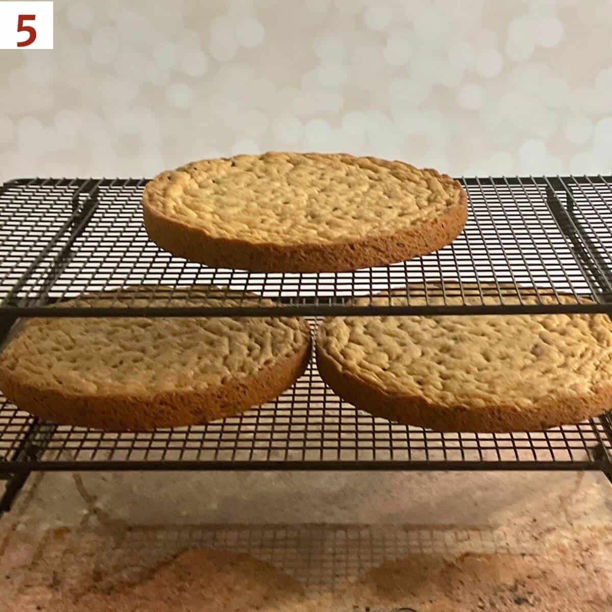 Cake layers on a cooling rack.