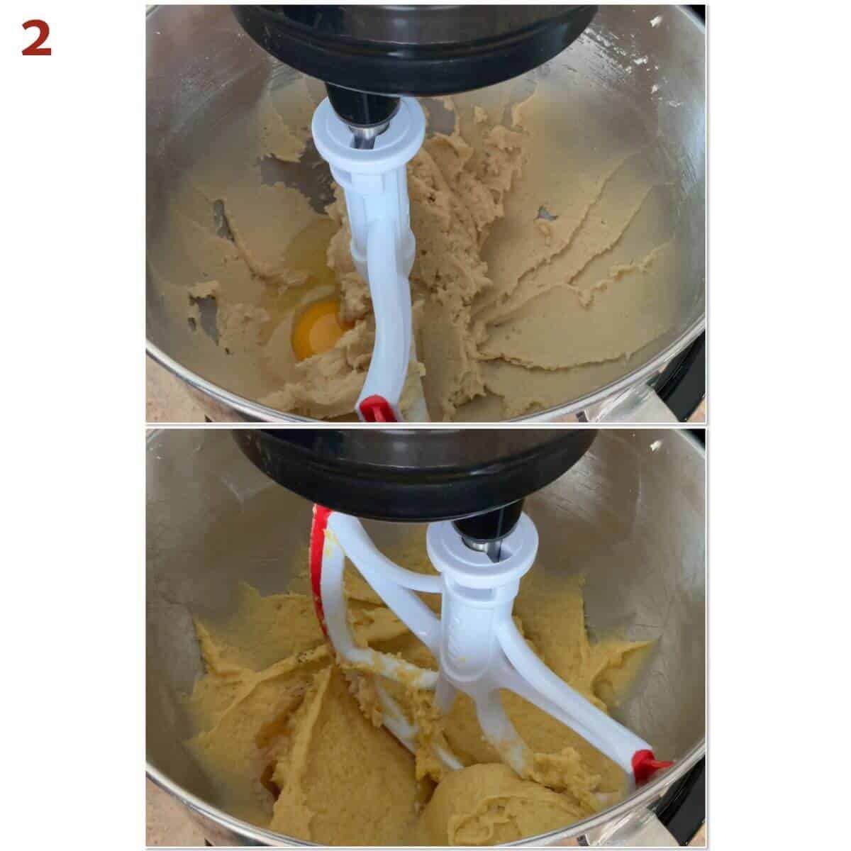 Collage of adding eggs and vanilla to creamed butter mixture.