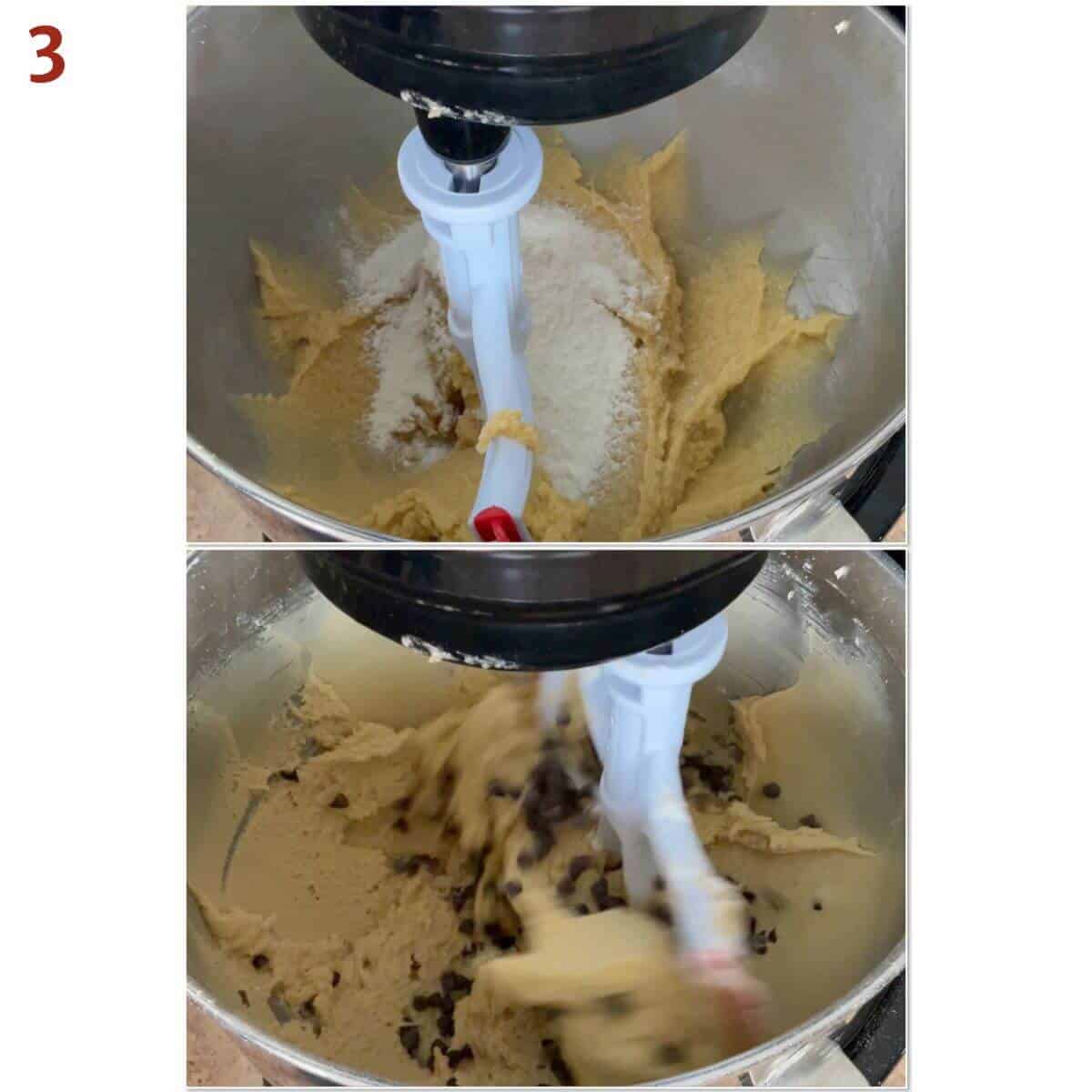 Collage of adding flour and mini chocolate chips to cookie cake dough.