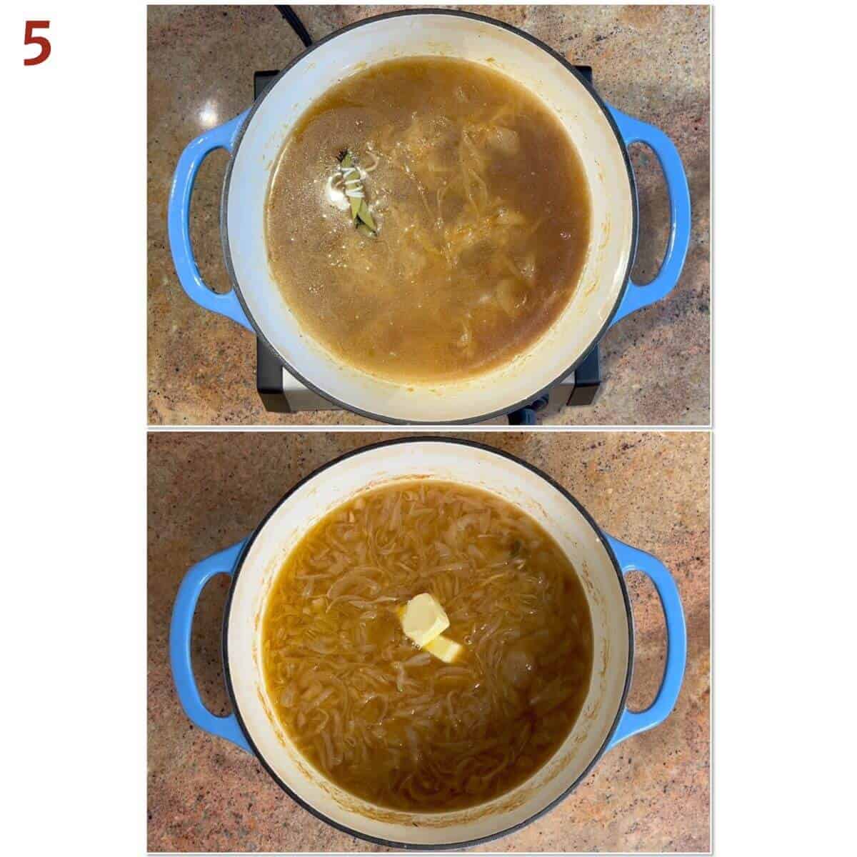 Collage of before and after cooking the onions with herbs, beef stock, and water, then adding butter.