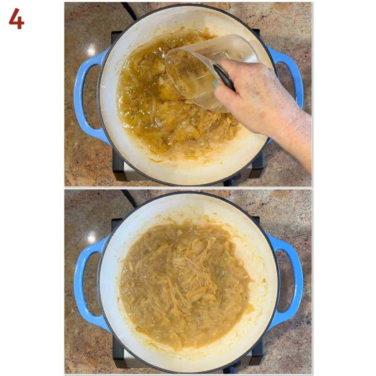 Collage of before and after deglazing caramelized onions with white wine.