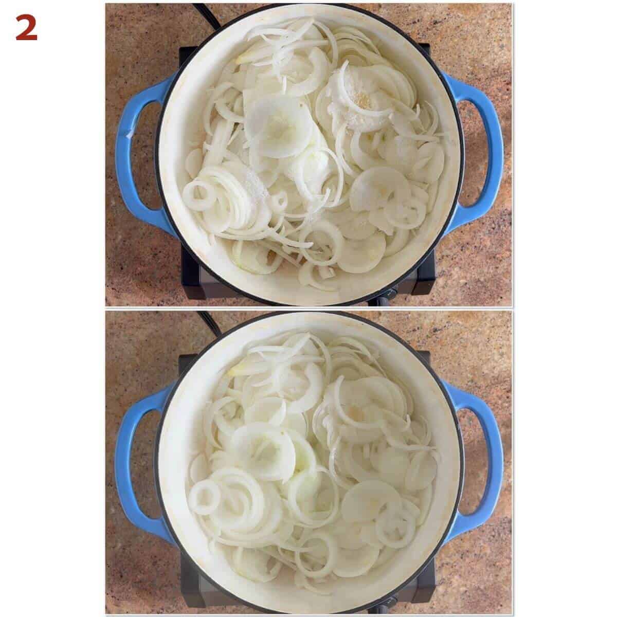 Collage of before and after steaming sliced onions.