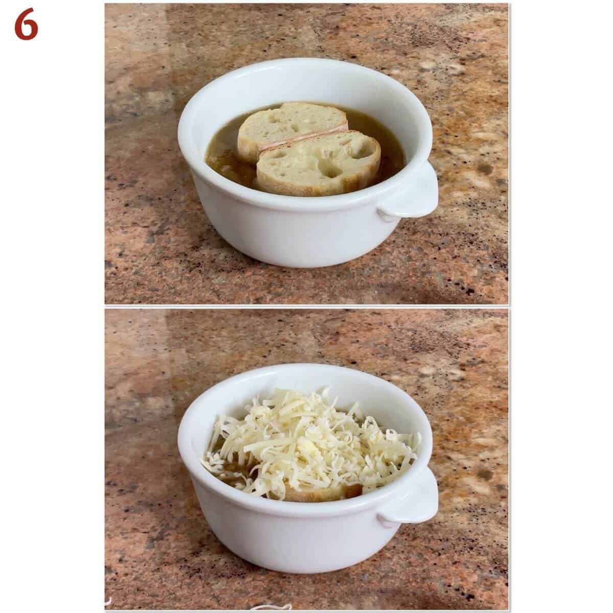 Collage of adding baguette slices and grated cheese on top of the soup.