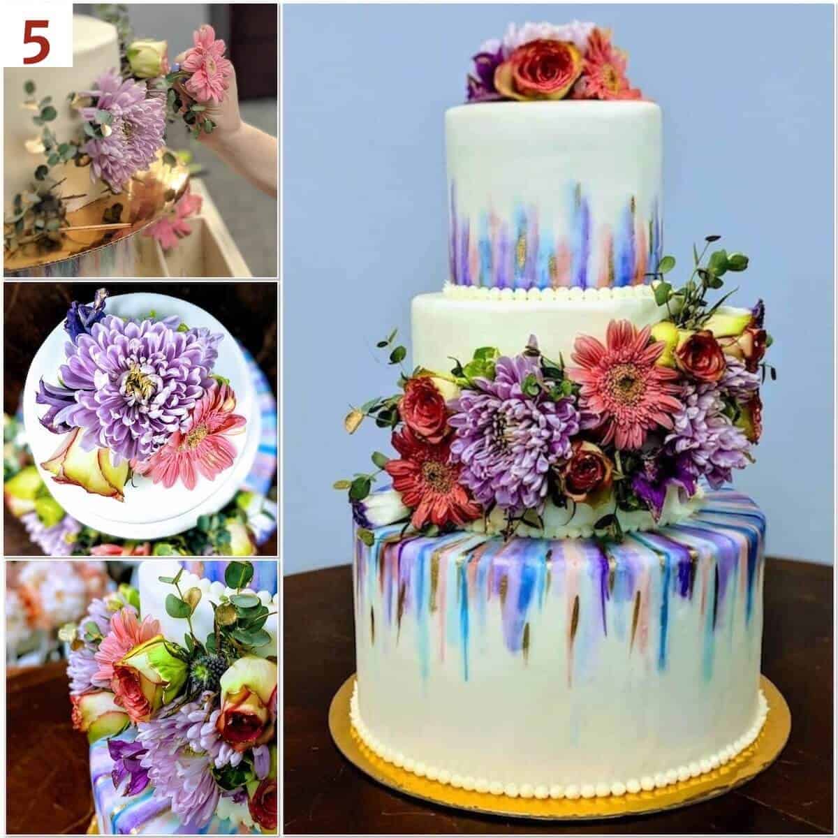 Collage of the fresh flowers on the wedding cake.