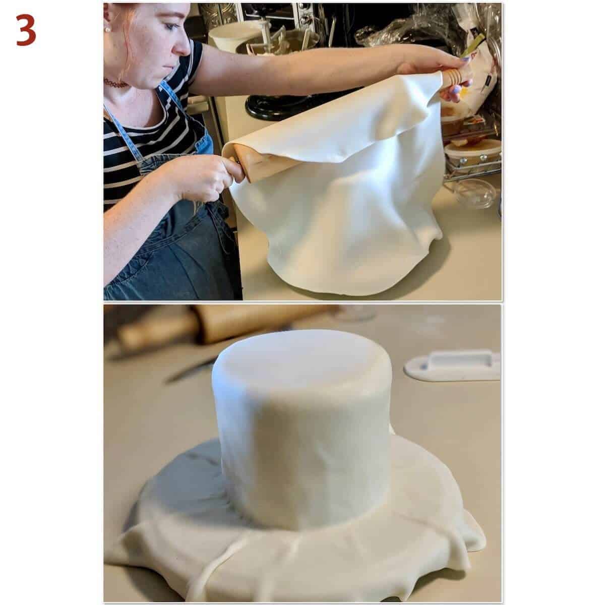 Collage of transferring fondant to top tier cake.