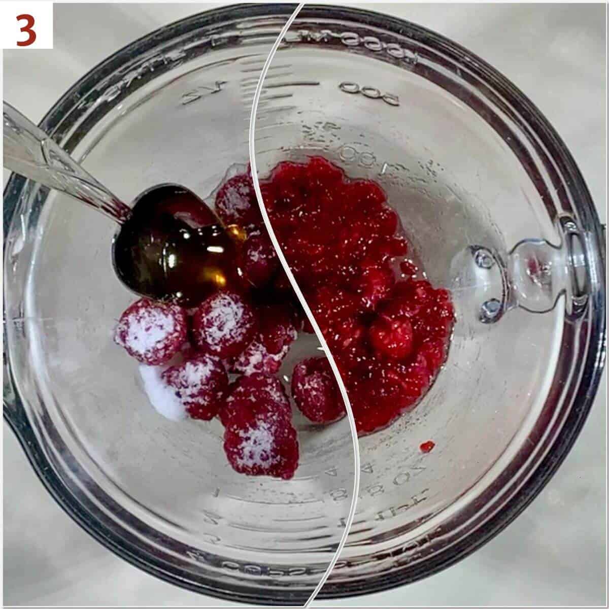 Collage of before and after macerating raspberries.