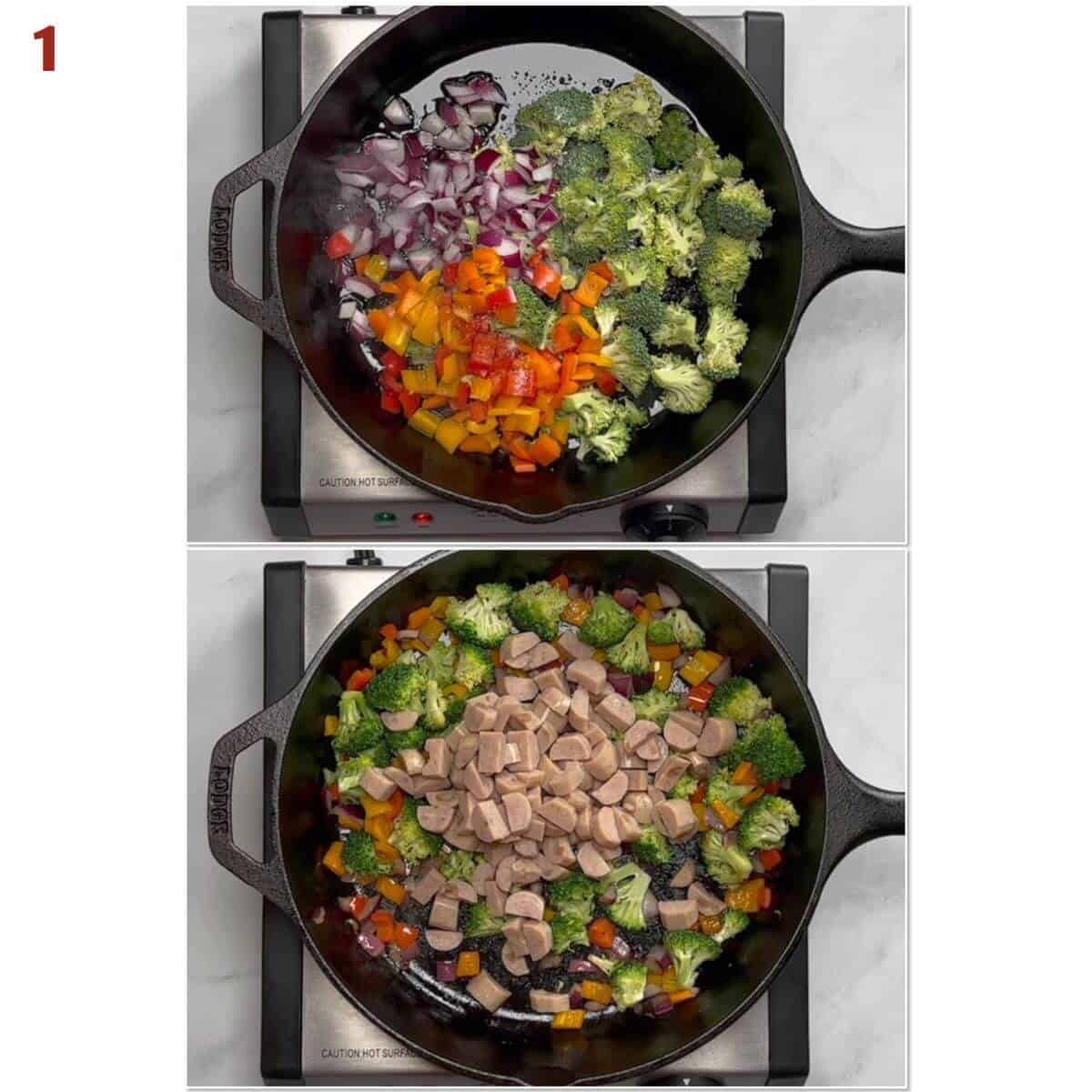 Collage of cooking the vegetables and sausage for the quiche filling.