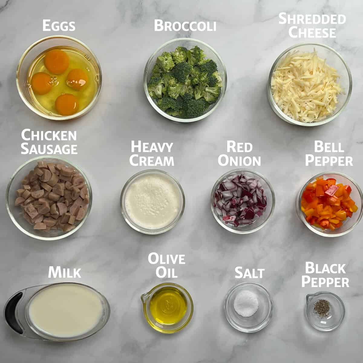 Ingredients for Sausage & Broccoli Quiche portioned into glass bowls.