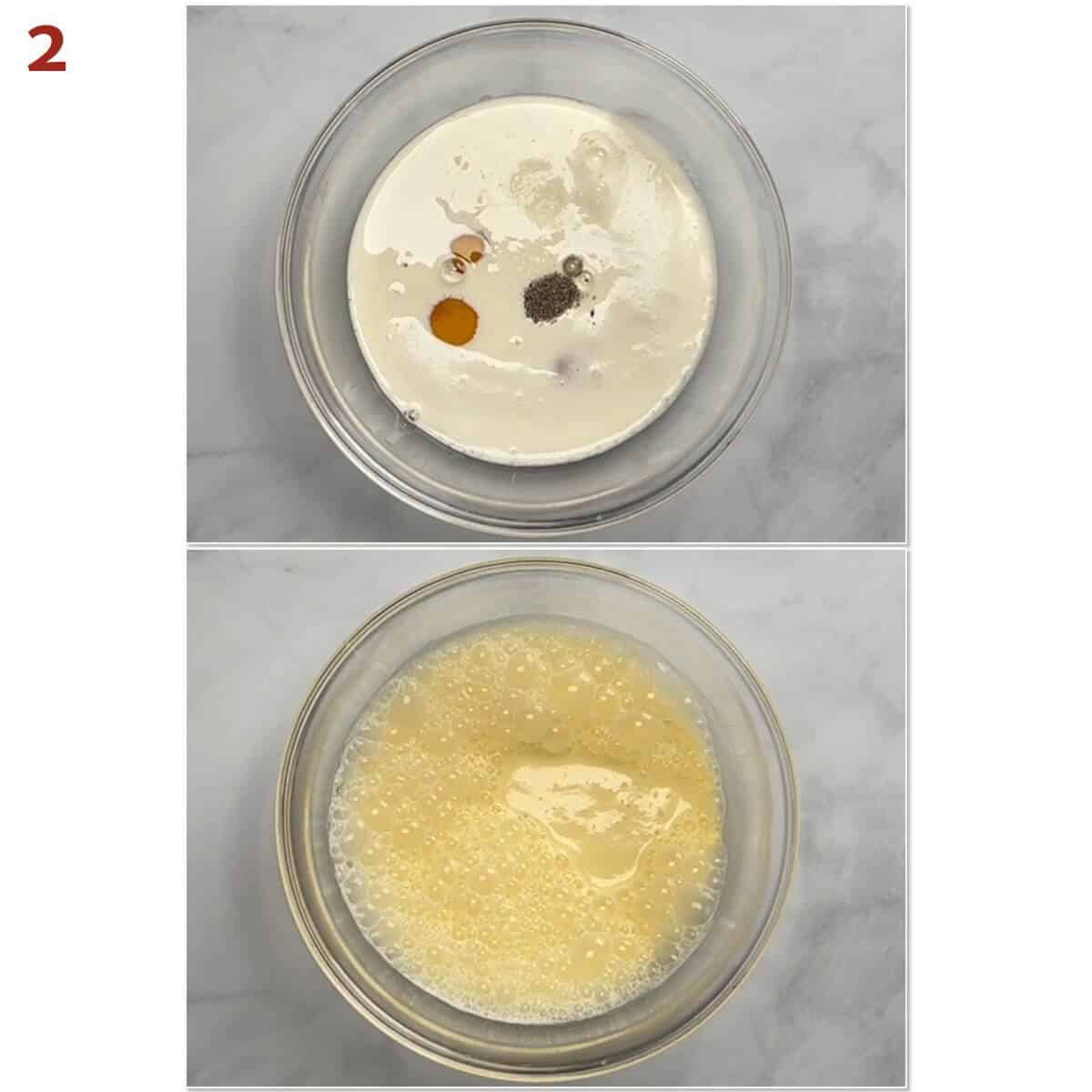 Collage of custard before and after mixing eggs, milk, heavy cream, and seasonings.