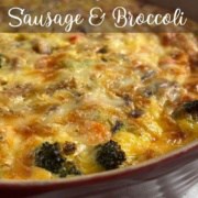 Baked crustless quiche with sausage & broccoli in a round red baking dish Pinterest banner.