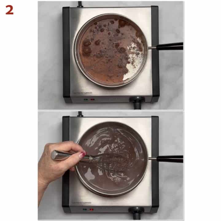 Collage of adding heavy cream & milk to cocoa mixture and whisking them in.