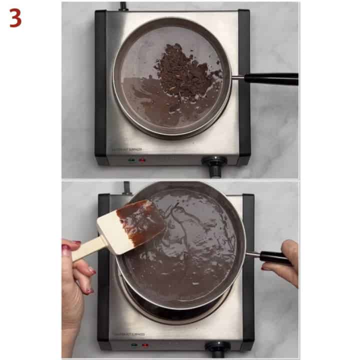 Collage of adding dark chocolate to pudding as it's cooking.