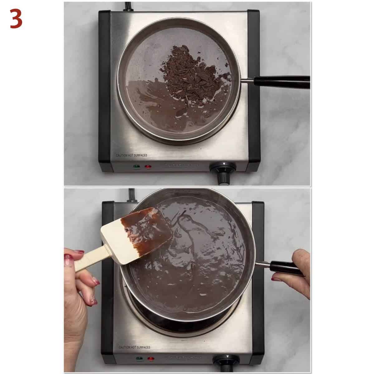 Collage of adding dark chocolate to pudding as it's cooking.