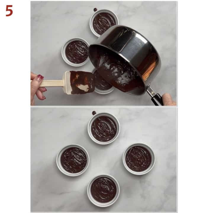 Collage of portioned cooled pudding into four ramekins.