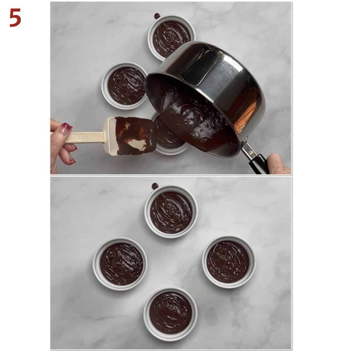 Collage of portioned cooled pudding into four ramekins.