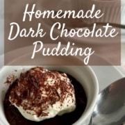 Two ramekins of pudding on round white plates with spoons next to a white towel with a red heart Pinterest banner.