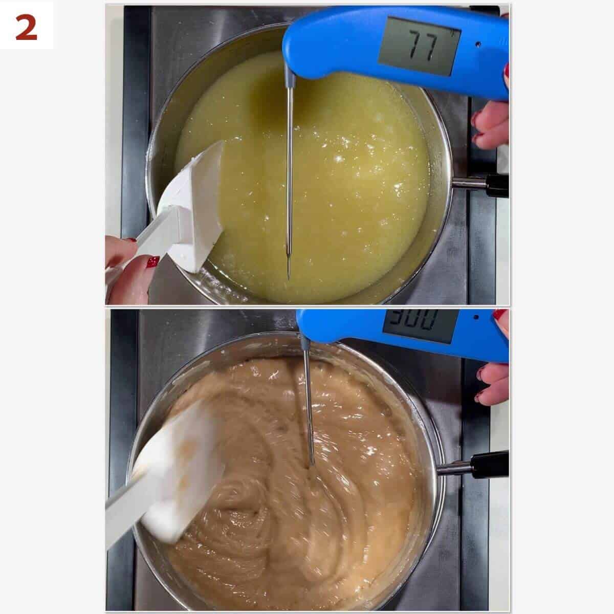 Collage of cooking toffee ingredients before & after reaching hard crack stage.