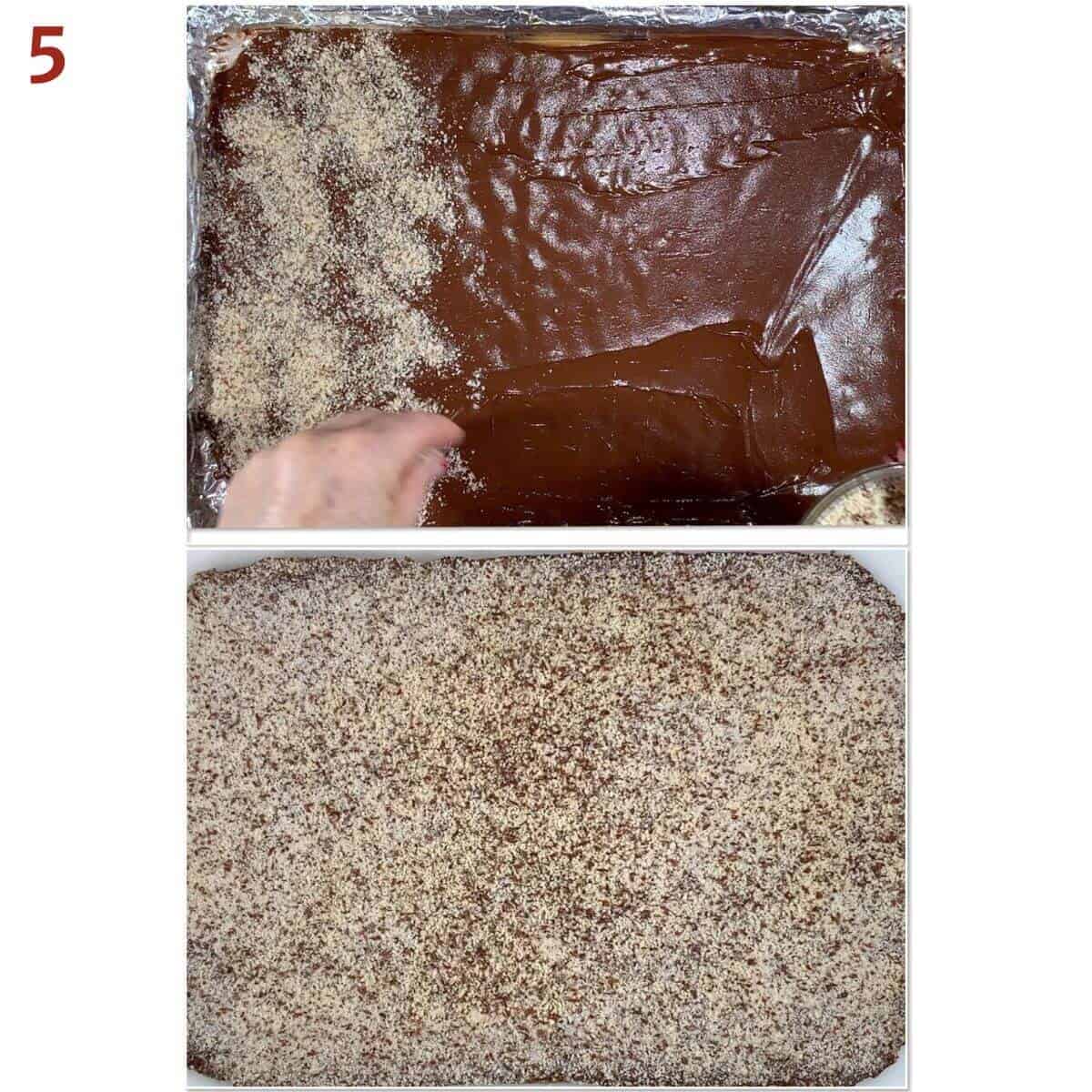 Collage of before and after sprinkling almond meal on chocolate.