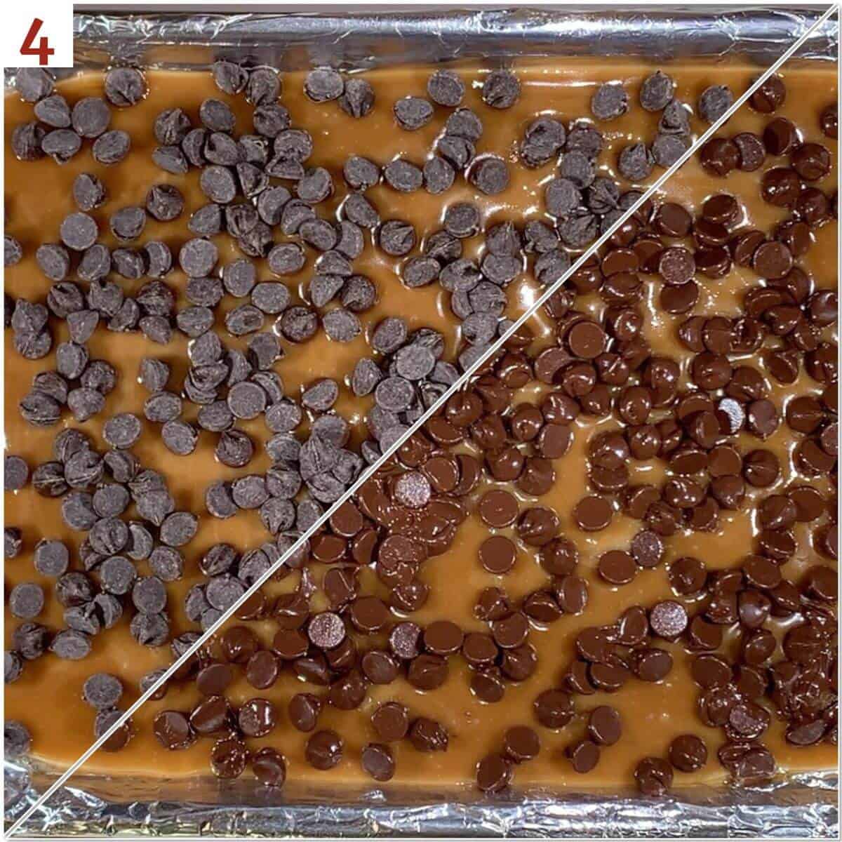 Collage of before and after chocolate chips melt on the hot toffee.