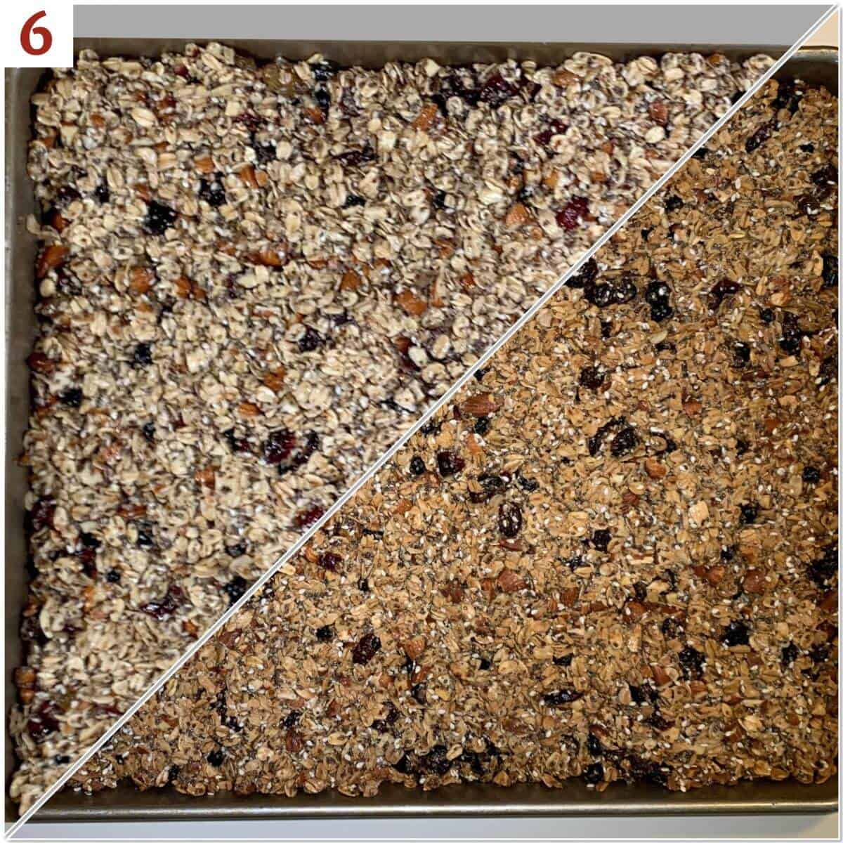 Collage of granola before & after baking.