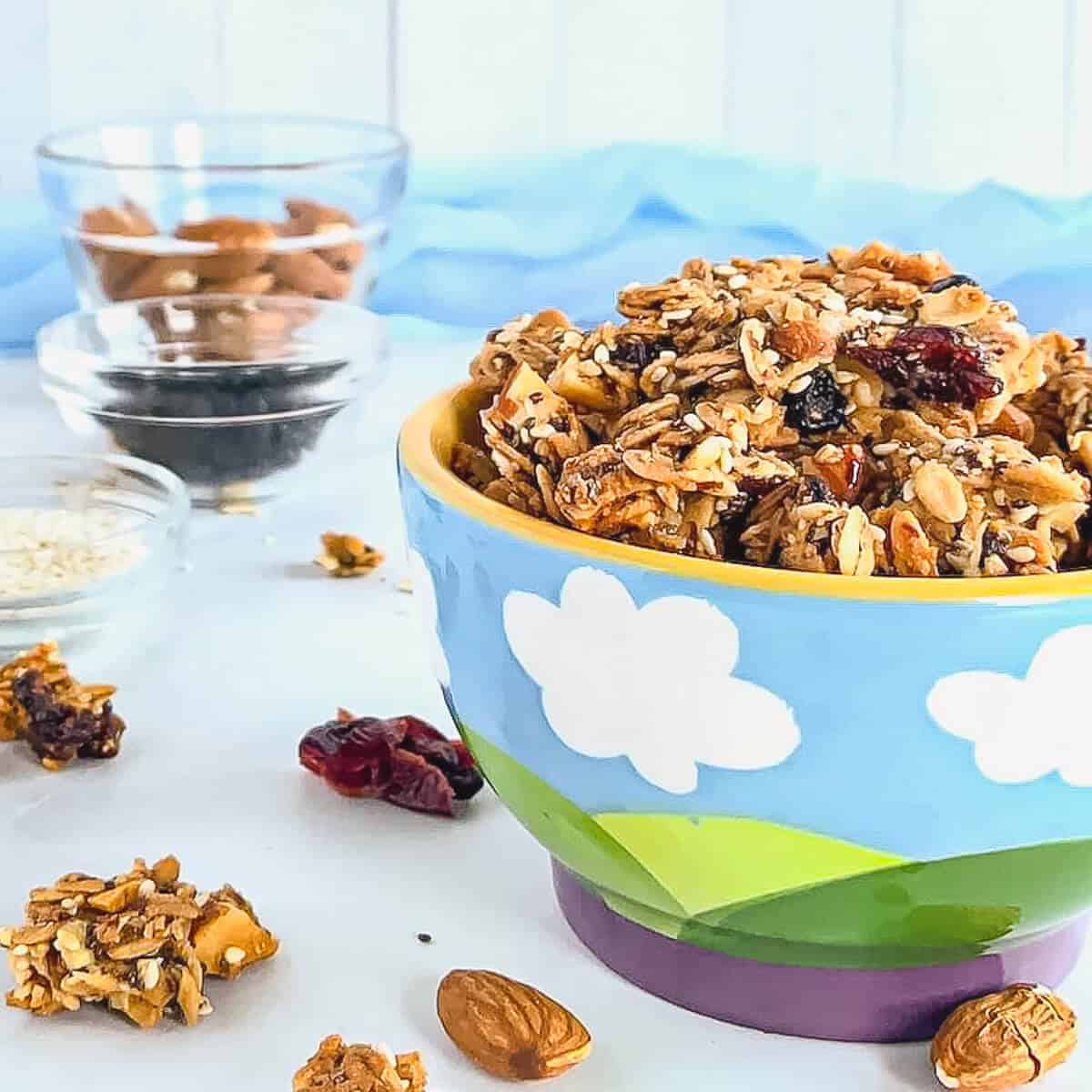 Closeup on granola in a bowl next to ingredients portioned into glass bowls.