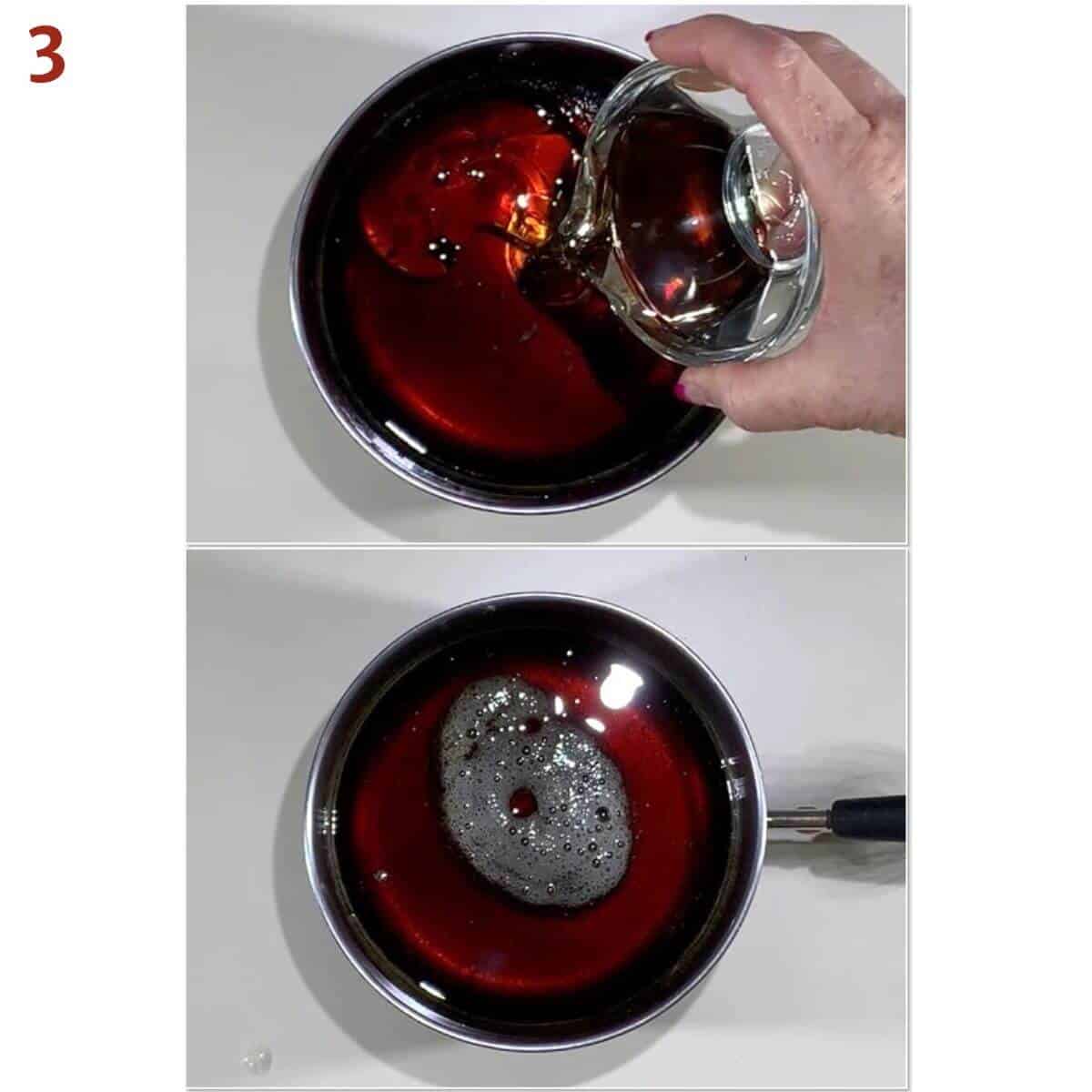 Collage of adding canola oil and egg whites to maple syrup mixture.