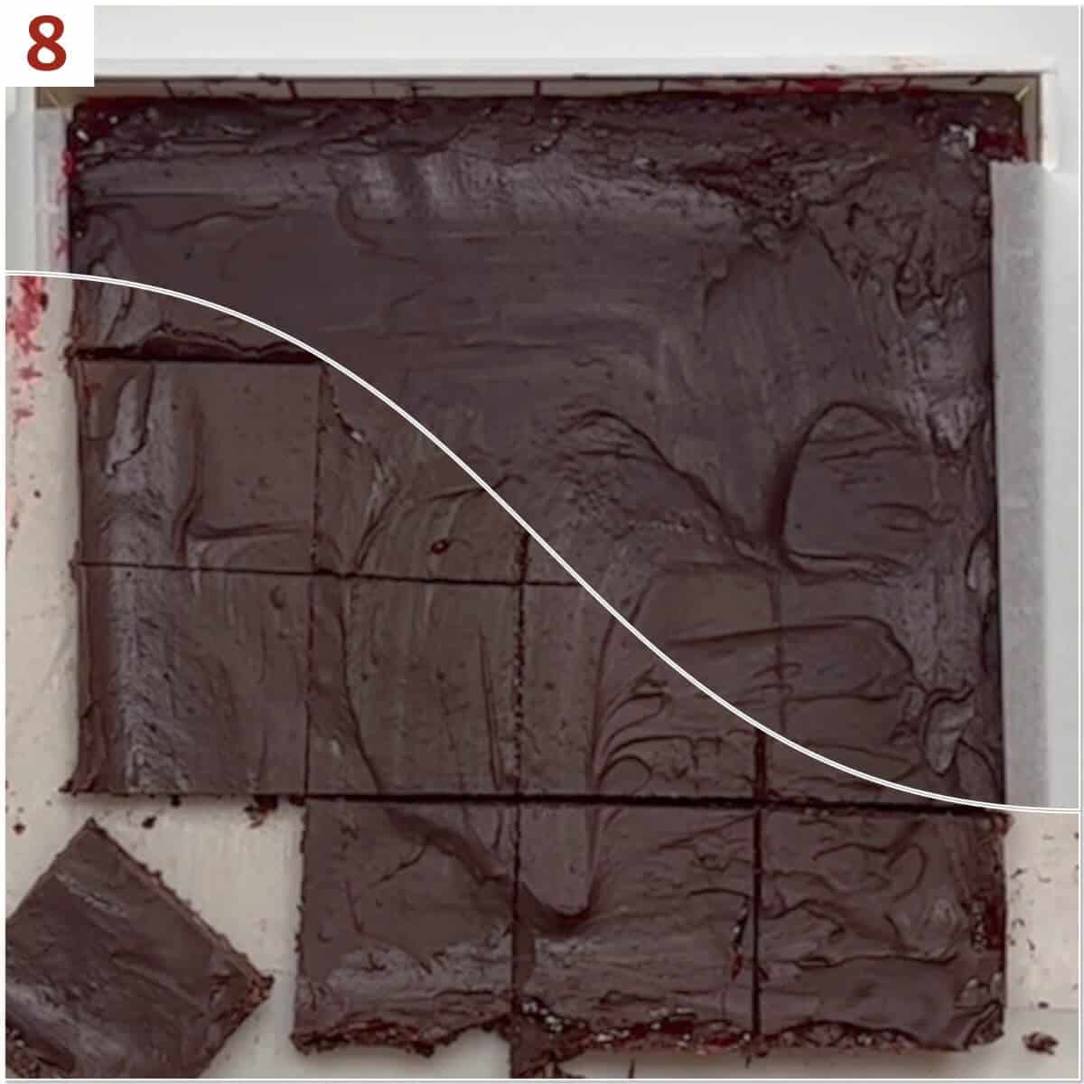 Collage of before & after cutting the brownies into squares.