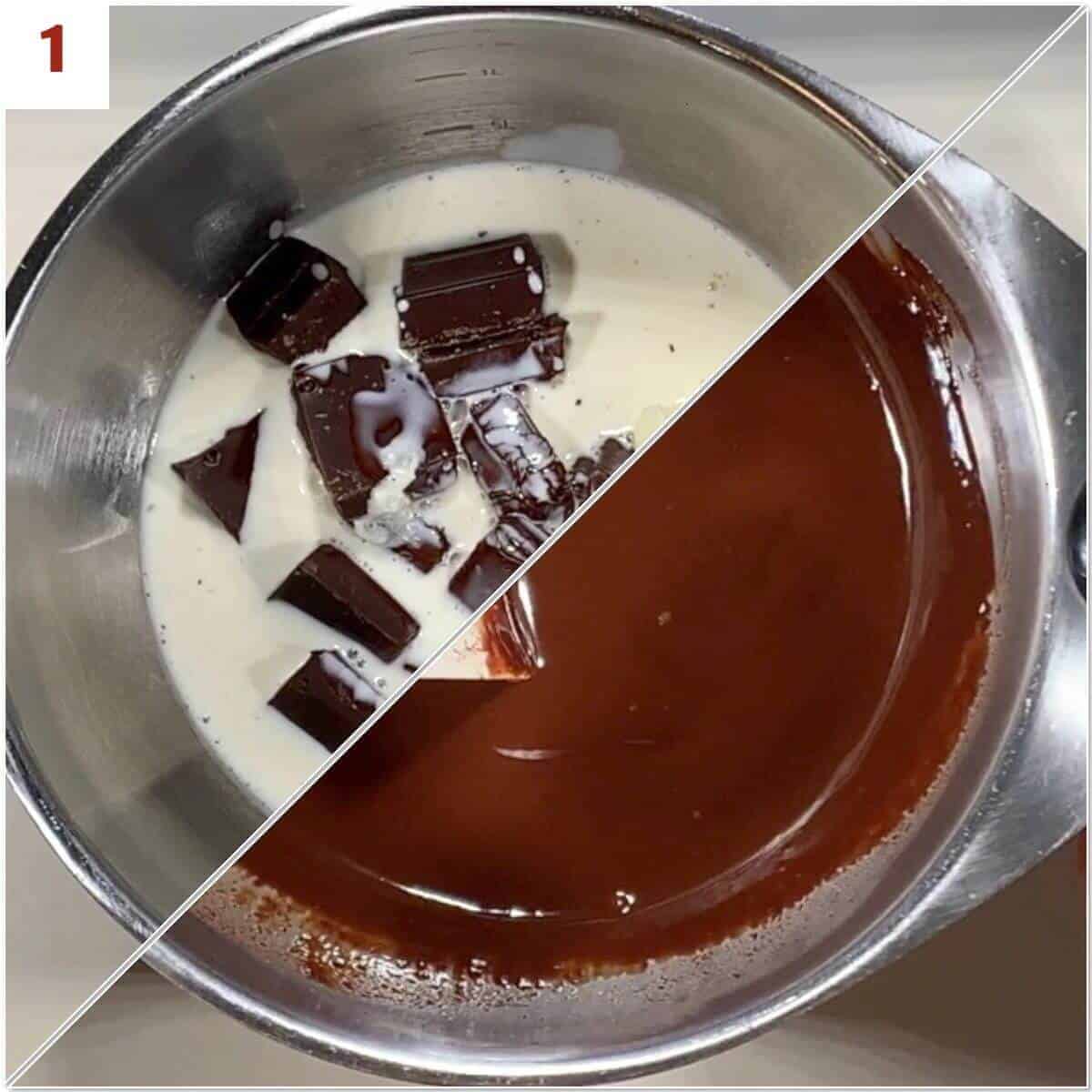 Collage of melting chocolate in heated cream for ganache.