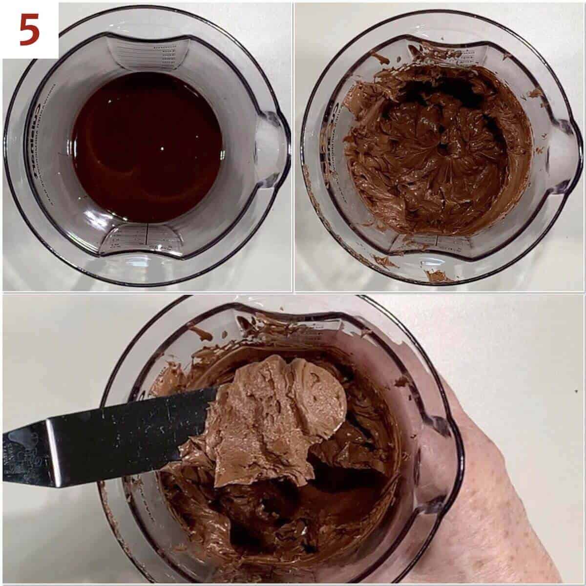 Collage of whipping chocolate ganache into frosting.