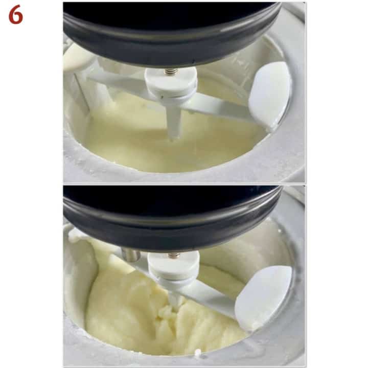 Collage of churning the sherbet base in an ice cream maker.