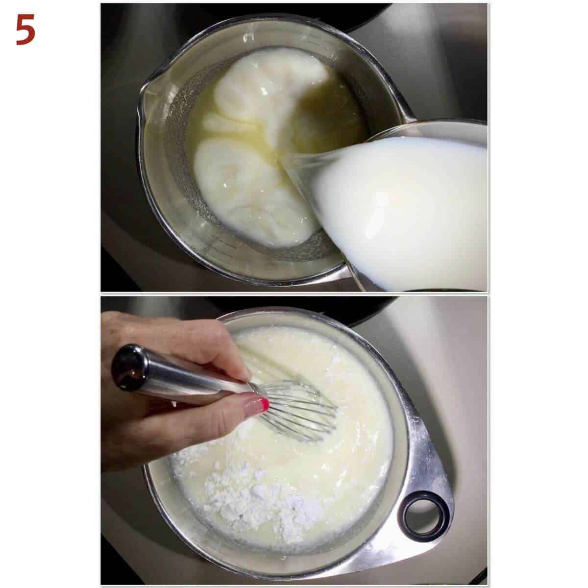 Collage of pouring milk and whisking cornstarch into puréed lemons.