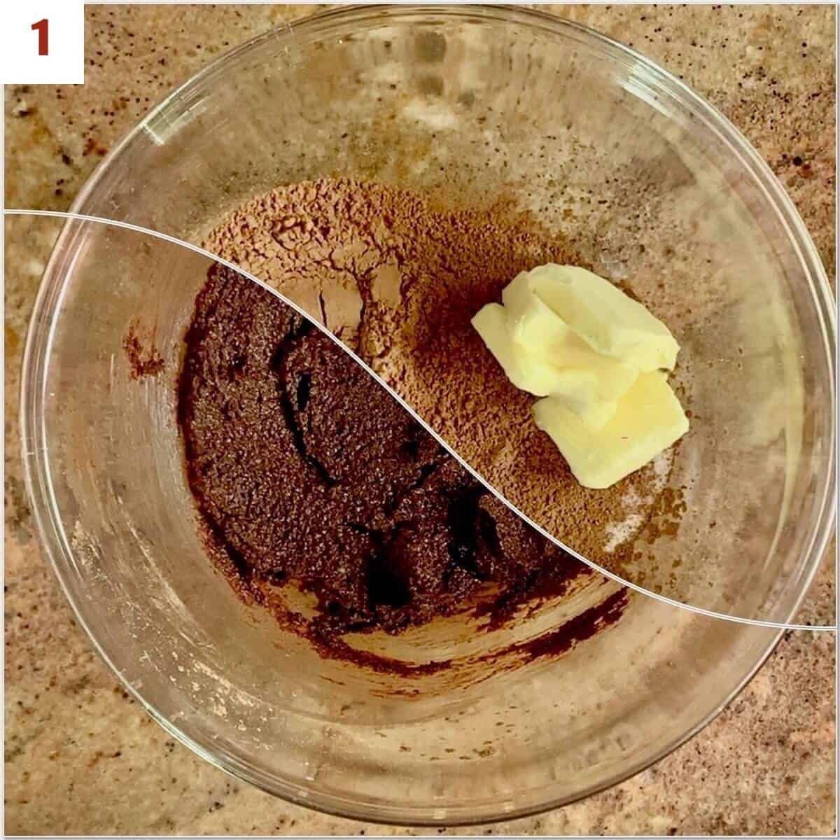 Collage of melting sugar, cocoa powder, and butter.